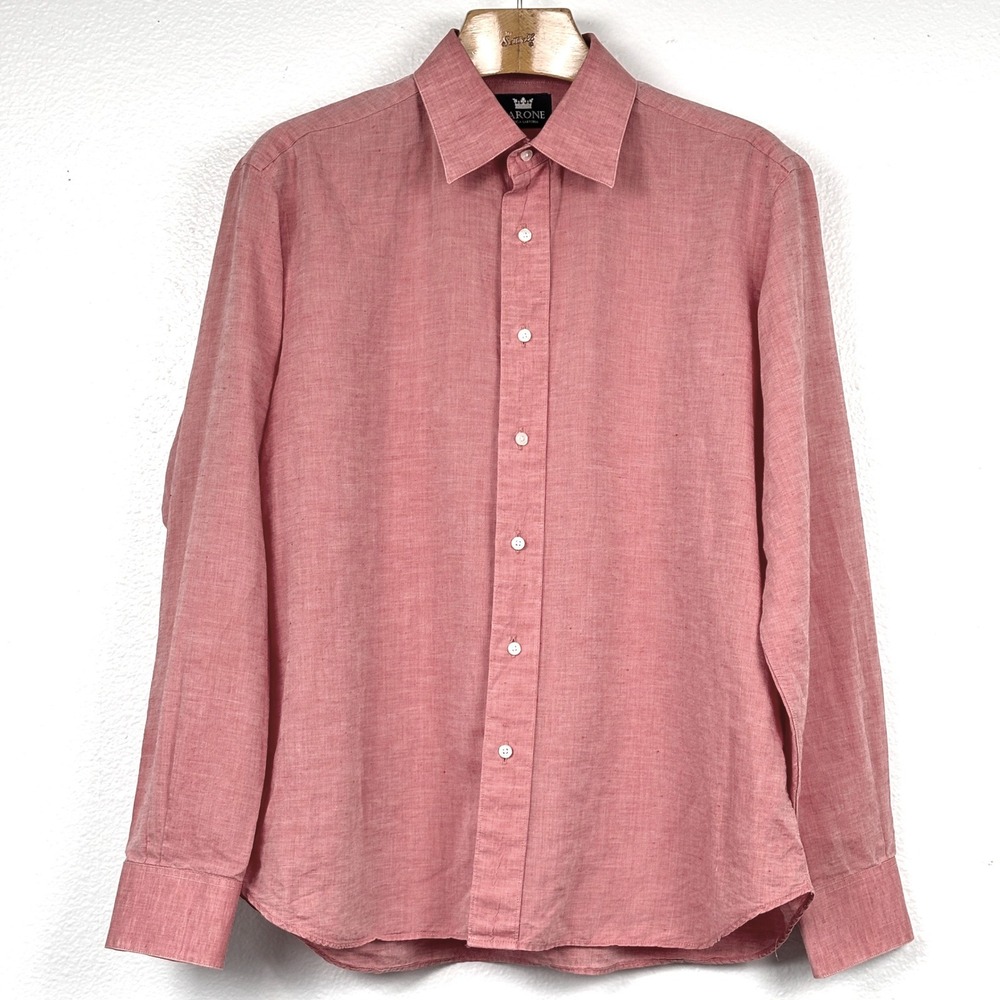 Barone Antica Sartoria Linen Shirt Coral Salmon Long Sleeve‎ Mens M Made in USA
